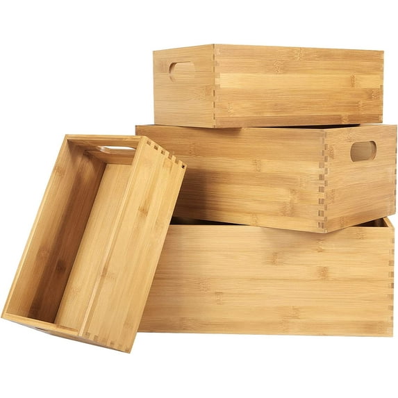 Set of 4 Nesting Wooden Crates for Storage, Bamboo Wood Storage Containers Bins, Handmade Natural Large Wooden Storage Boxes Baskets with Handles for Organizing Shelf Closet Cabinet