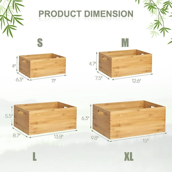 Set of 4 Nesting Wooden Crates for Storage, Bamboo Wood Storage Containers Bins, Handmade Natural Large Wooden Storage Boxes Baskets with Handles for Organizing Shelf Closet Cabinet