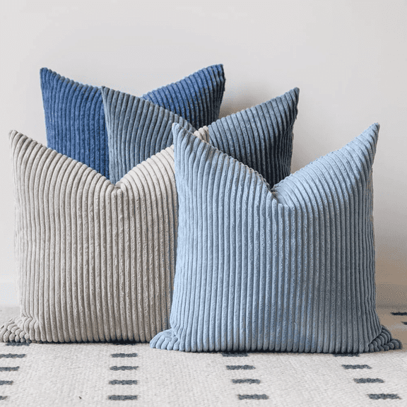 Set of 4 Neutral Couch Throw Pillow Covers, Blue Decorative Farmhouse Boho Throw Pillows for Living Room, Couch, Bed, Sofa Soft Corduroy Accent Home Decor ( No Pillow 18x18 Inch)