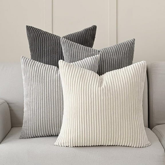 Set of 4 Neutral Grey Corduroy Decorative Couch Throw Pillow Covers 18x18 Inch, Western Modern Farmhouse Striped Cushion Cases, Soft Boho Square Accent Pillow Covers for Home Sofa