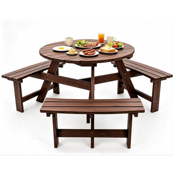 6‑Person Round Wooden Picnic Table Set with 3 Built‑in Benches, 59.06 Inch Outdoor Patio Dining Table with Umbrella Hole for Backyard Garden Lawn
