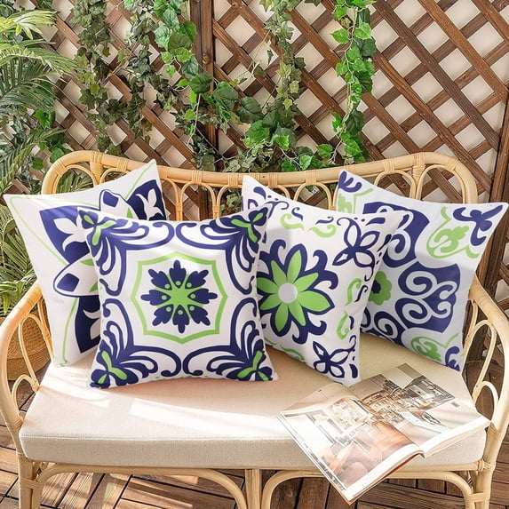 Set of 4 Outdoor Pillow Covers 20x20 Waterproof Decorative Throw Pillow Covers Floral Printed Farmhouse Boho Pillowcase for Patio Funiture Garden Navy Blue