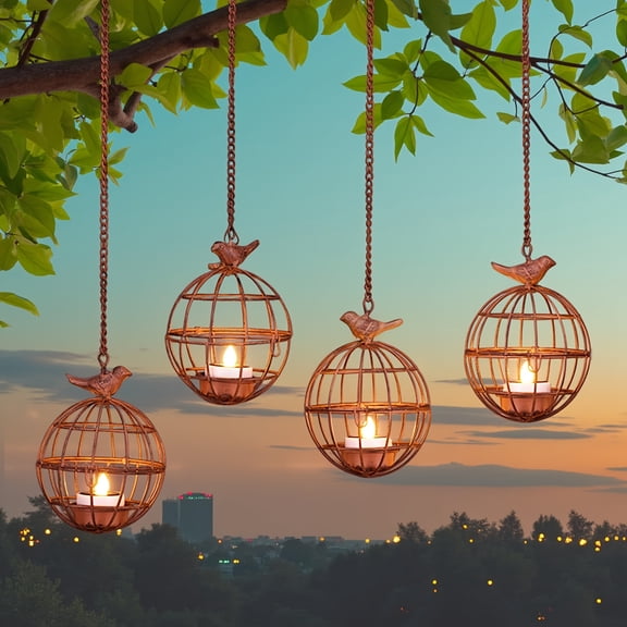 Set of 4 Outdoor Solar-Powered Hanging Lantern Lights, Rustic Metal Ball Birdcage Design with Integrated Solar Tea Lights, Waterproof Chandelier for Garden Tree, Pergola, and Patio Decoration
