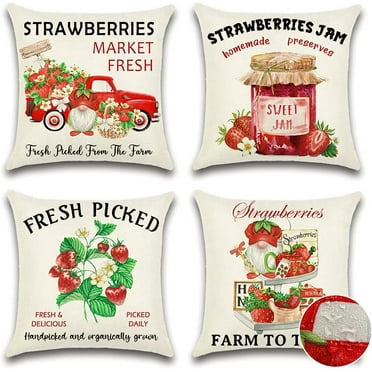 Set of 4 Outdoor Waterproof Decorative Throw Pillow Covers 18x18 Inch Linen Pillow Covers Square Cushion Case Garden Pillowcase Pillows Shell for Patio Furniture Couch Tent (Strawberry Farm)