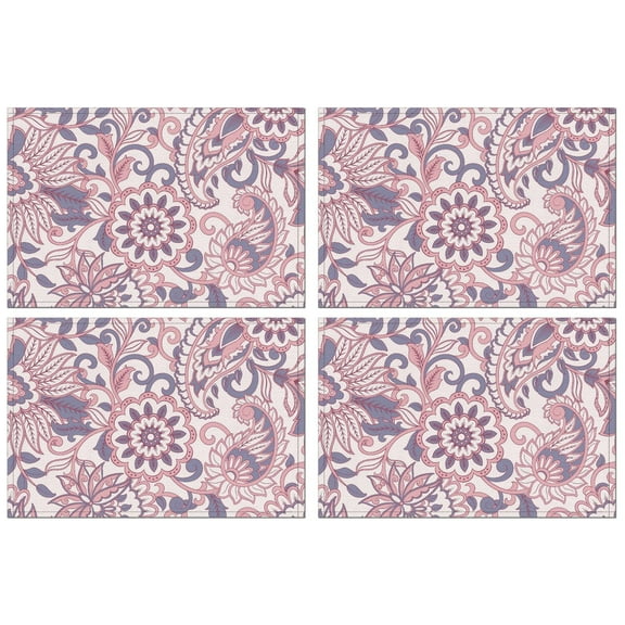 Set of 4 Paisley Placemats, Flax Machine Washable Linen Table Mats with Heat Resistant Wrinkle Free Feature, Featuring Elegant Bohemian Ethnic Pattern and Chic Geometric Decor