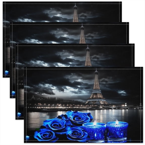 Set of 4 Paris Placemats 12x18 Inch,Royal Blue Rose Candle Place Mats Dining Kitchen Party Decor,Romantic Floral Eiffel Tower Table Mats,Valentine's Waterproof Placemats