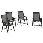 Set of 4 Patio Folding Chairs, Stackable Outdoor Sling Patio Dining Chairs with Armrests for Lawn, Camping, Dining, Beach, Metal Frame, No Assembly, Black