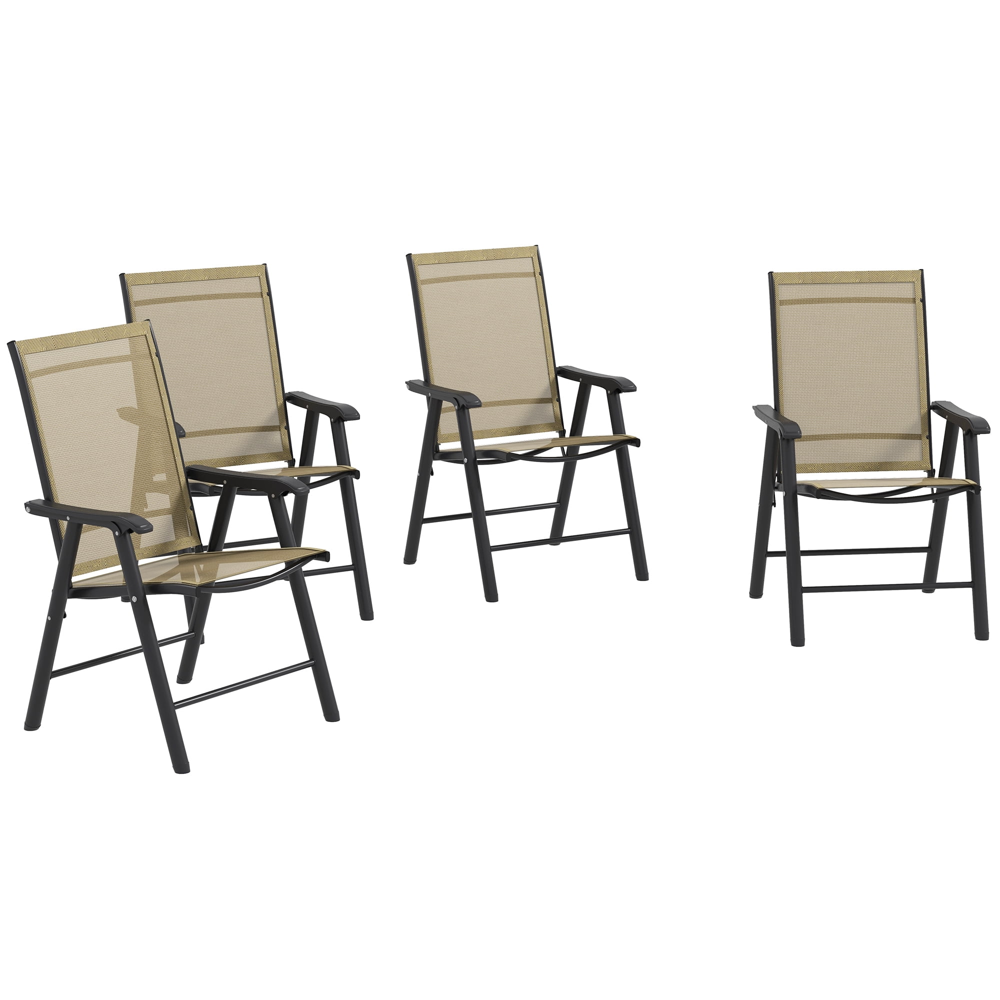 Set of 4 Patio Folding Chairs, Stackable Outdoor Sling Patio Dining Chairs with Armrests for Lawn, Camping, Dining, Beach, Metal Frame, No Assembly, Light Mixed Brown