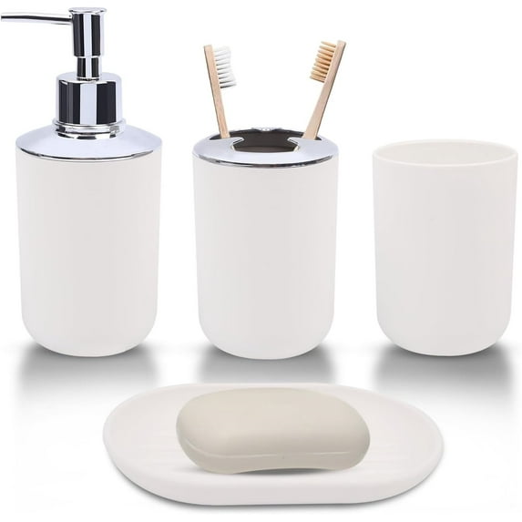 QZS Set 4 Pcs Bathroom Decor,White Reusable Soap Dish and Mouthwash Cup,Plastic Soap Dispenser and Toothbrush Holder Set for Home,School