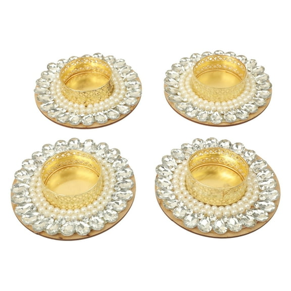 Set of 4 Pearl Moti Design T Light Holder Candle Stand Tealight T-Light Holders for Cultural Housewarming Festival Christmas Decorations New year Gifts Lighting Decor(Without Wax)(White)(Size:-3")