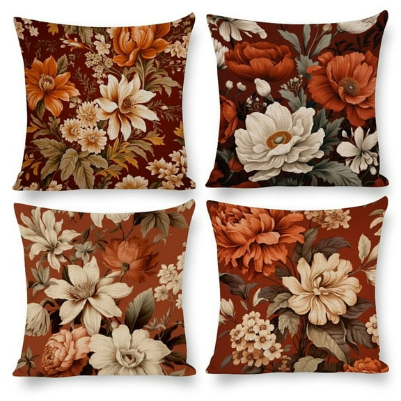 Set of 4 Pillows Cover Terracotta Floral Spring Botanical Flower Print Rust Spring Pillow Covers Cute Floral Pillowcase Farm Decorations Pillow CaseDecorative Outdoor Linen Fabric Pillow Case