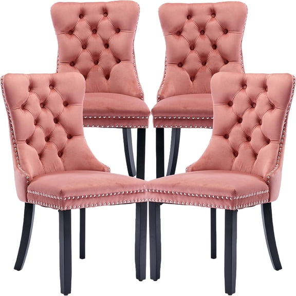 Set of 4 Pink Velvet Dining Chairs - Mid-Century Modern Tufted Upholstered Chairs with Solid Rubberwood Legs, Nailhead Trim & Non-Slip Foot Caps for Dining/Kitchen (Sillas De Comedor)
