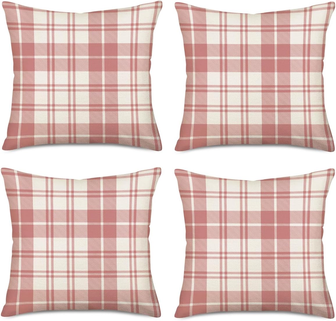 Set of 4 Pink and White Buffalo Plaid Pillow Covers 20x20 Inch Outdoor Valentine''s Day Check Throw Pillow Cover Farmhouse Decorations Pillow Cases Cotton Linen for Sofa Couch Home Decor