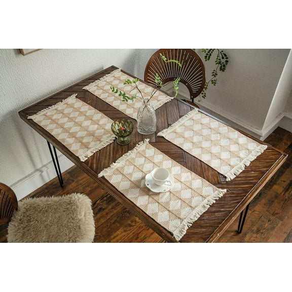 Set of 4 Placemats Cotton Linen Blend Rectangular Woven Cloth Place Mats w/Tassel for Kitchen Tabletop Dining Room Wedding Table House Warming Gift Holiday Christmas Thanksgiving Party Décor