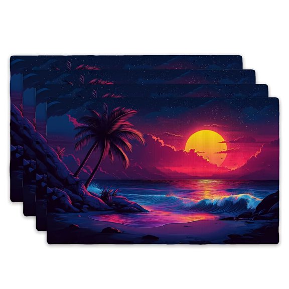 Set of 4 Placemats Measuring 12X18 Inches - Featuring a Dreamy Purple Sky And Coconut Shadows on The Waves, Conveying a Sense of Relaxed Elegance - Suitable for Cafes, Parties, Weddings