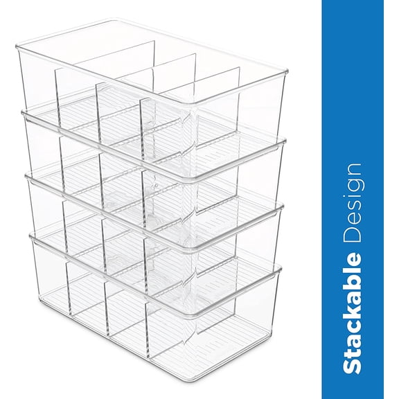 Set Of 4 Plastic Food Storage Organizer Bins - Divided Compartment Holder for Snacks, Packets, Pouches Stackable Fridge Organizers for Freezer, Kitchen, Cabinets - Clear Plastic Pantry Storage Rack