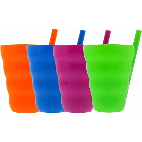 (Set of 4) Plastic Straw Cups with Built-In Straws 22oz Stackable Plastic Tumblers BPA-Free, Reusable Sip-A-Cup Drinkware Dishwasher Safe Water, Juice, Milk