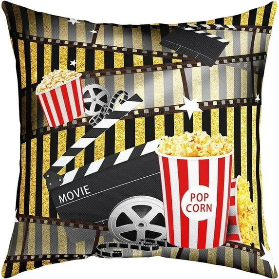 Set of 4 Popcorn Throw Pillow Covers, Movie Theater Cushion Case for Home Living Room Decor, Reversible Cinema Poster Star Decorative Throw Cushion Case, Old Fashion Home Decor 20x20 Inches
