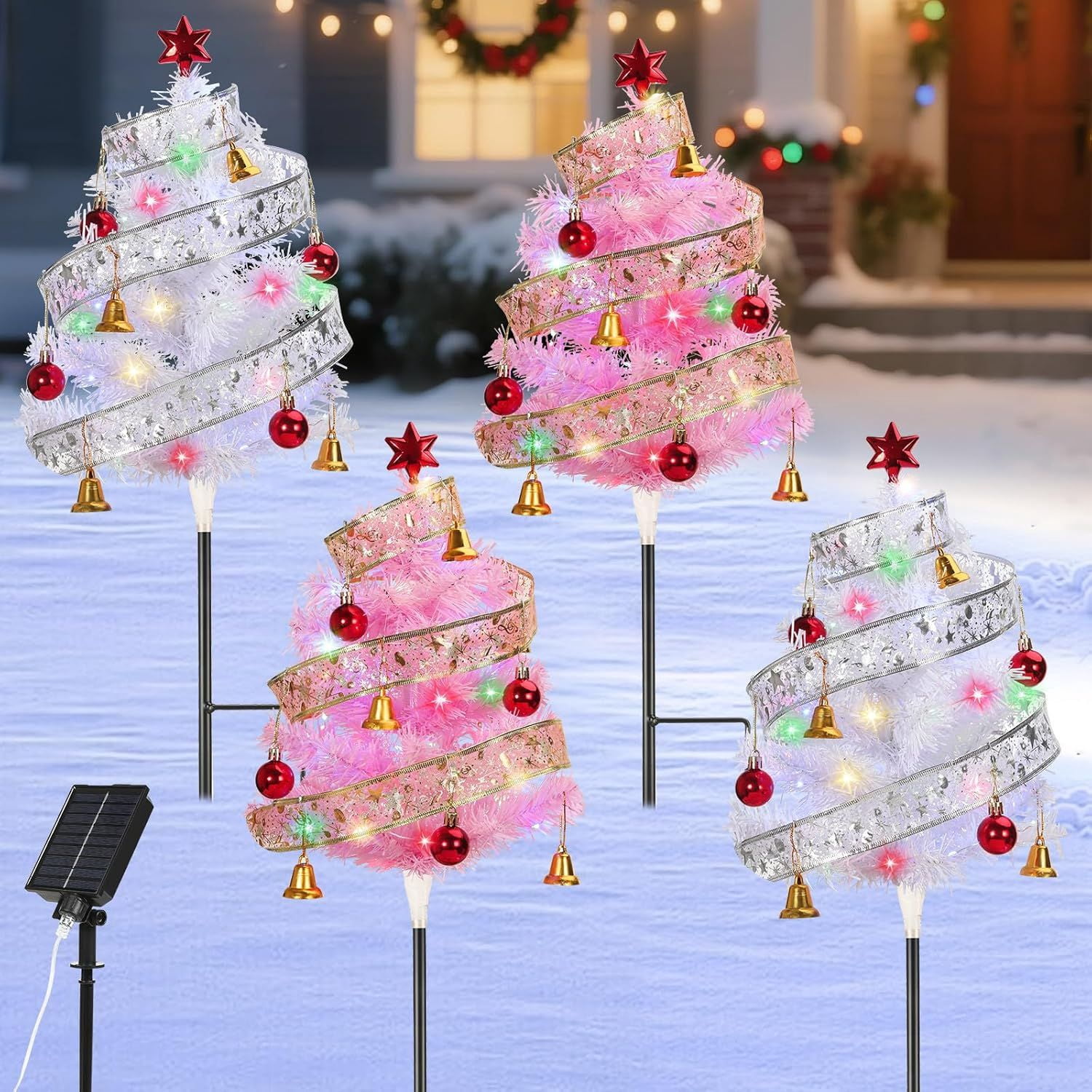 Set of 4 Prelit Pathway Christmas Trees, 33.86" Outdoor Xmas Tree with Twining Ribbons, Red Balls and Bells, Solar and Type-C Powered Xmas Decor for Yard Home Porch