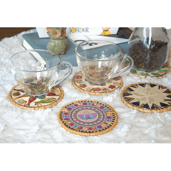 Set of 4 Green Flower Rattan Coasters Handwoven Round Table Coasters for Glasses Mugs Candles, Eco-Friendly Home Decor