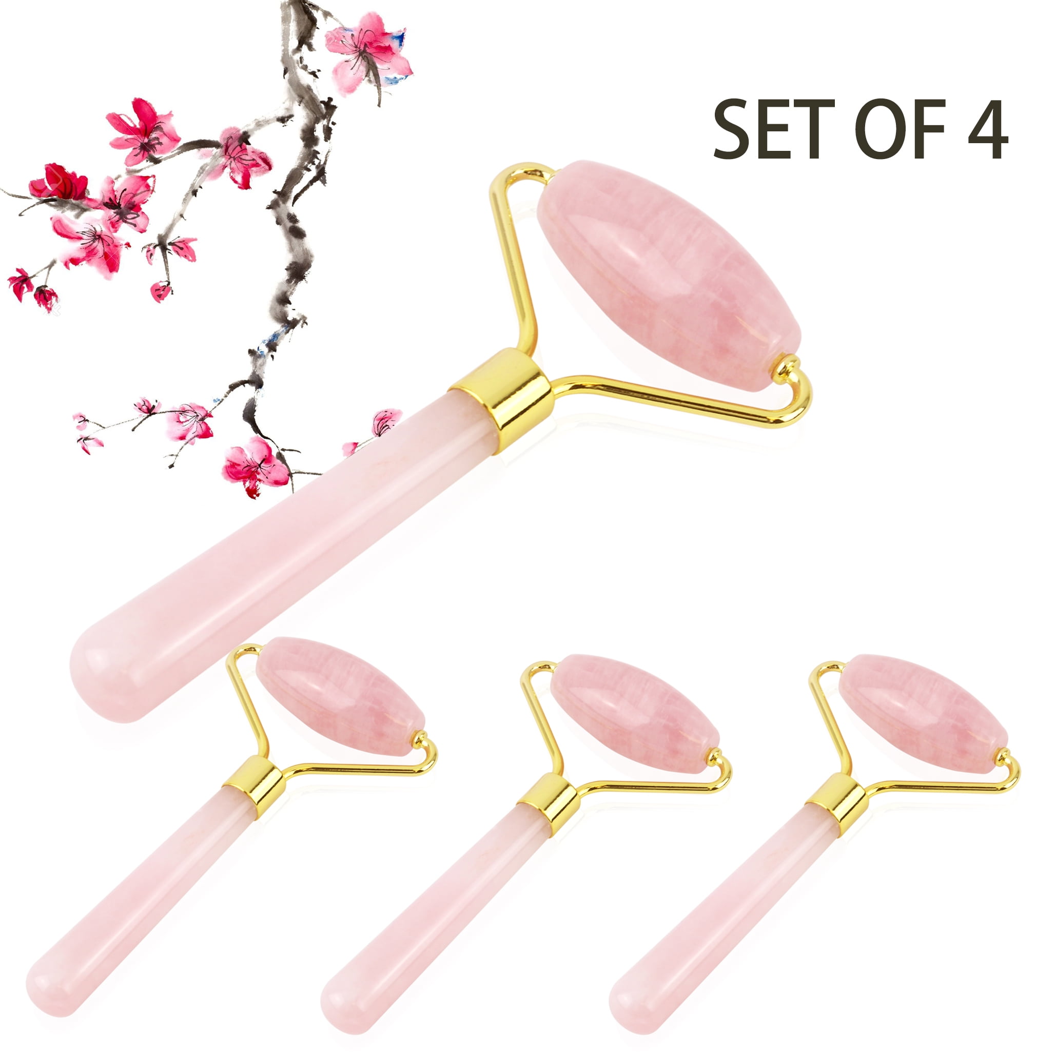 Smiling JuJu Set of 4 Rose Premium Quartz Face Rollers – Pink Massager for Face, Neck & Body, Anti-Aging, Reduces Puffiness & Wrinkles