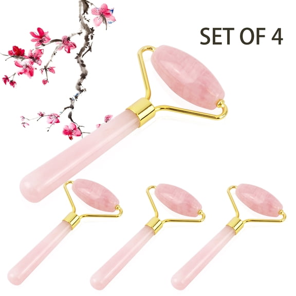 Set of 4 Premium Rose Quartz Face Roller Pink Massager for Face Neck Arms Crus Anti-Aging Restoring/Reduce Puffiness & Wrinkles Skin Tool for Facial Mask EHD 1