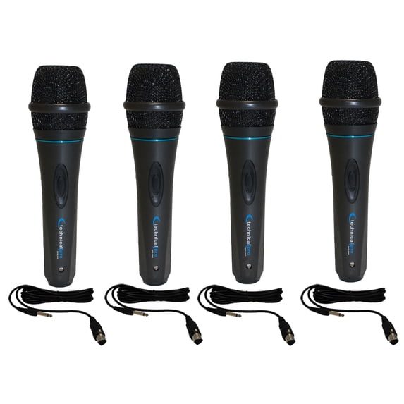 Technical Pro MK75 Dynamic Wired Microphone 4 Pack with 10 ft XLR to 1/4 Inch Cables, Cardioid Pickup and Metal Construction