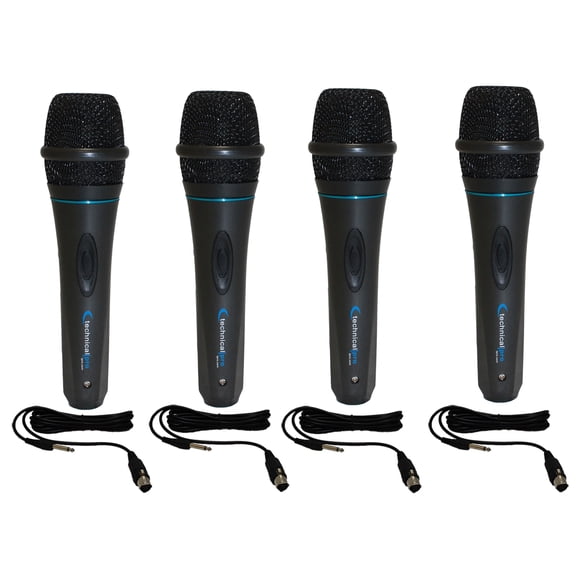 Technical Pro MK75 Dynamic Wired Microphone 4 Pack with 10 ft XLR to 1/4 Inch Cables, Cardioid Pickup and Metal Construction
