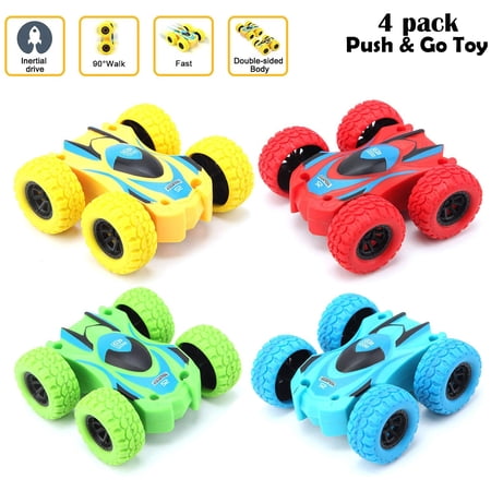 Set of 4 Pull Back Cars, Mini Monster Trucks Double-Sided Friction Inertia Powered Cars Flips Shockproof Vehicles Push and Go Stunt Car Pull Back Toys for Kids Toddlers 1-3 Boys Girls
