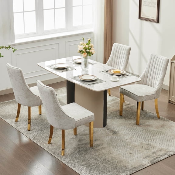 Set of 4 Rayon Cloth Flocking Chenille Dining Chairs Channel Kitchen Dinner Chair Comfy Fabric Upholstered Accent Chair for Dining Room with Golden Stainless Steel Plating Legs (Beige)
