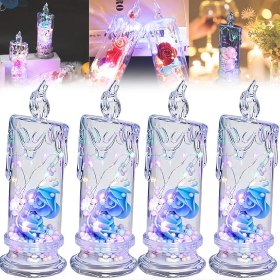 Set of 4 Realistic Rose-Shaped Candle Lights  — Battery-Powered, Realistic Rose Candle Lights, Smoke-Free LED Roses for Home Decor, Faux Flameless Romance Anniversary Romantic Decorations