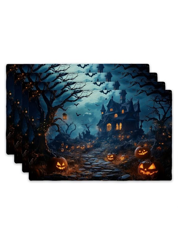Set of 4 Rectangular Placemats - Pumpkin Lantern Haunted Castle Non-Slip Heat-Resistant Mats, Kitchen Table Mats, Coffee Mats (12 inches X 18 inches) - Home Kitchen Table Accessories