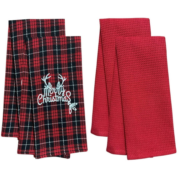 Set of 4, Red and Black Buffalo Plaid Quote Merry Christmas, 100% Cotton Herringbone Pattern and Red Waffle Weave Kitchen Towel / Tea Towels Soft and Absorbent Size: 16 x 28".