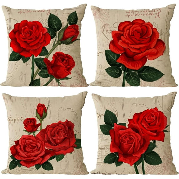 Set of 4 Red Rose Pillow Covers 16x16 Vintage Floral Decorative Cushion Cover Plant Flower Throw Pillow Covers for Home Outdoor Sofa Couch Decoraions (16 Inch)