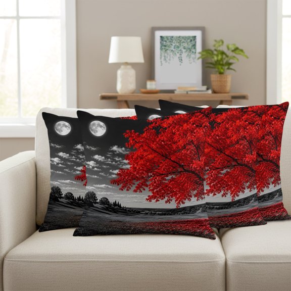Set of 4 Red Tree Pillow Covers 16x16 Inch, Romantic Fall Rustic Moon Gray Sky Field Countryside Decorative Throw Pillow Cases Cotton Cushion Covers for Sofa Couch Bed Living Room Bedroom Home Decor