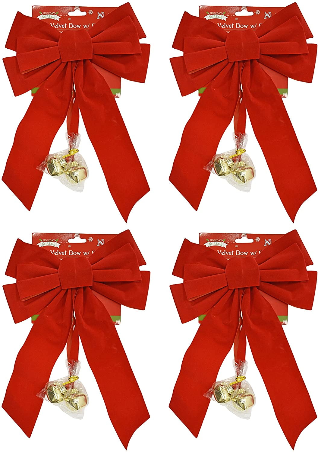 Set of 4 Red Velvet Festive Holiday Christmas Bows With Bells Perfect