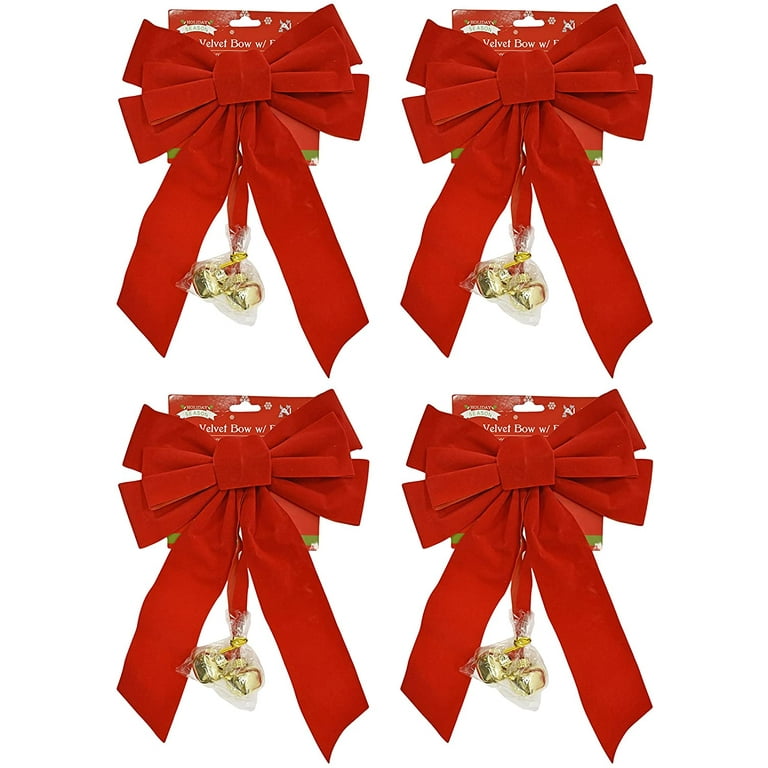 Set of 4 Red Velvet Festive Holiday Christmas Bows With Bells - Perfect as  Tree Ornaments - Tree Filler - Decorative Ornaments - Perfect for Preparing