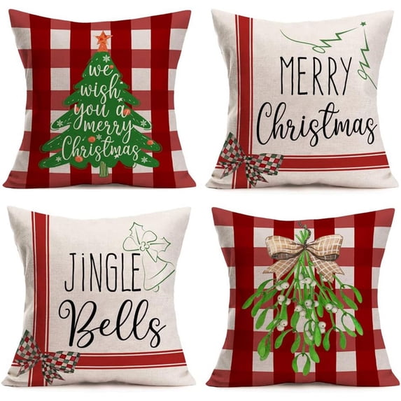 Set of 4 Red White Buffalo Check Plaids Pillow Covers Merry Christmas Green Trees Jingle Bells Holly Mistletoe Rustic Farmhouse Decorative Throw Pillow Cases Cotton Linen 18x18 Inch