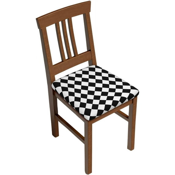 Set of 4 Removable Chair Seat Covers for Dining Room, Black White Racing Stretchable Office Kitchen Chair Slipcovers Cushion Protector Checkerboard Furniture Decor, 16.9x16.9 Inches