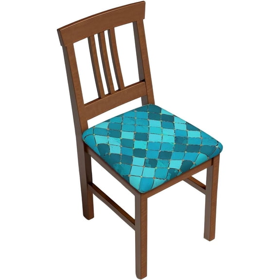 Set of 4 Removable Chair Seat Covers for Dining Room, Blue Teal Plaid Stretchable Office Kitchen Chair Slipcovers Cushion Protector Turquoise Pattern Furniture Decor, 16.9x16.9 Inches