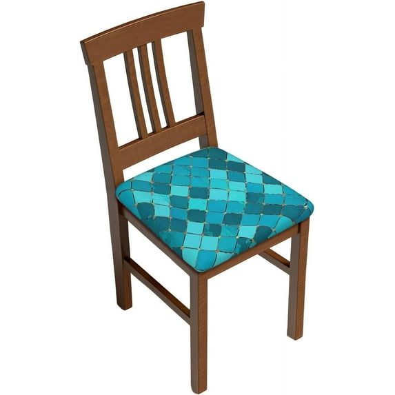 Set of 4 Removable Chair Seat Covers for Dining Room, Blue Teal Plaid Stretchable Office Kitchen Chair Slipcovers Cushion Protector Turquoise Pattern Furniture Decor, 16.9x16.9 Inches