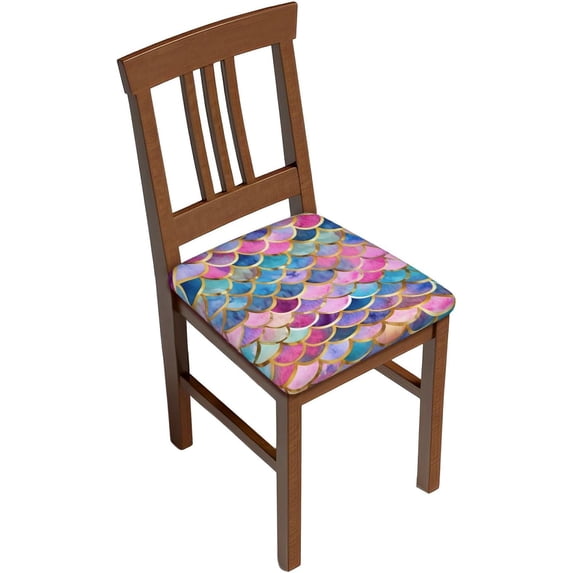 Set of 4 Removable Chair Seat Covers for Dining Room, Colorful Mermaid Scales Stretchable Wedding Party Chair Slipcovers Cushion Protector Rainbow Furniture Decor, 16.9x16.9 Inches