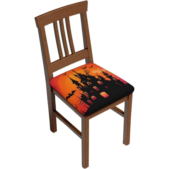 Set of 4 Removable Chair Seat Covers for Dining Room, Halloween Night Stretchable Wedding Party Chair Slipcovers Cushion Protector Black Witch Castle Furniture Decor, 16.9x16.9 Inches
