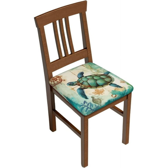 Set of 4 Removable Chair Seat Covers for Dining Room, Ocean Turtle Grass Stretchable Wedding Party Chair Slipcovers Cushion Protector Sea Conch Furniture Decor, 16.9x16.9 Inches