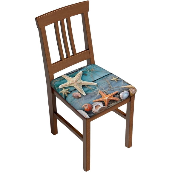 Set of 4 Removable Chair Seat Covers for Dining Room, Summer Conch Stretchable Office Kitchen Chair Slipcovers Cushion Protector Starfish Fishing Net Furniture Decor, 16.9x16.9 Inches