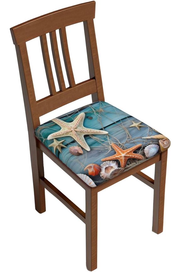 Set of 4 Removable Chair Seat Covers for Dining Room, Summer Conch Stretchable Office Kitchen Chair Slipcovers Cushion Protector Starfish Fishing Net Furniture Decor, 16.9x16.9 Inches