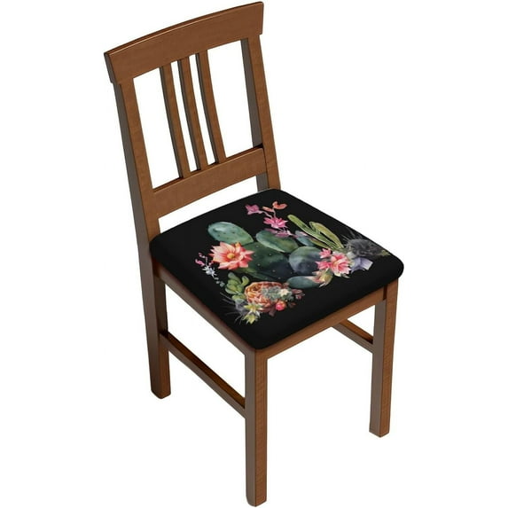 Set of 4 Removable Chair Seat Covers for Dining Room, Watercolor Cactus Stretchable Office Kitchen Chair Slipcovers Cushion Protector Floral Flowers Furniture Decor, 16.9x16.9 Inches