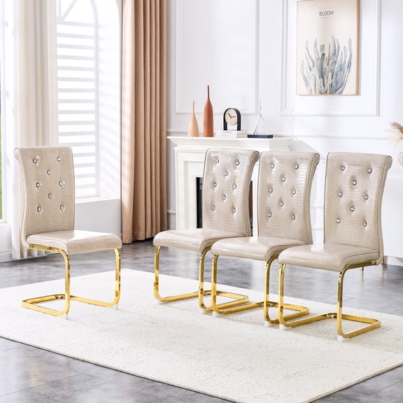 Set of 4 Retro Alligator Skin Upholstered Dining Chairs, Crystal Buckle Design and Faux Leather Design, Gold Plated Metal Bow Legs, Elegant and Mysterious Dining Area Decor