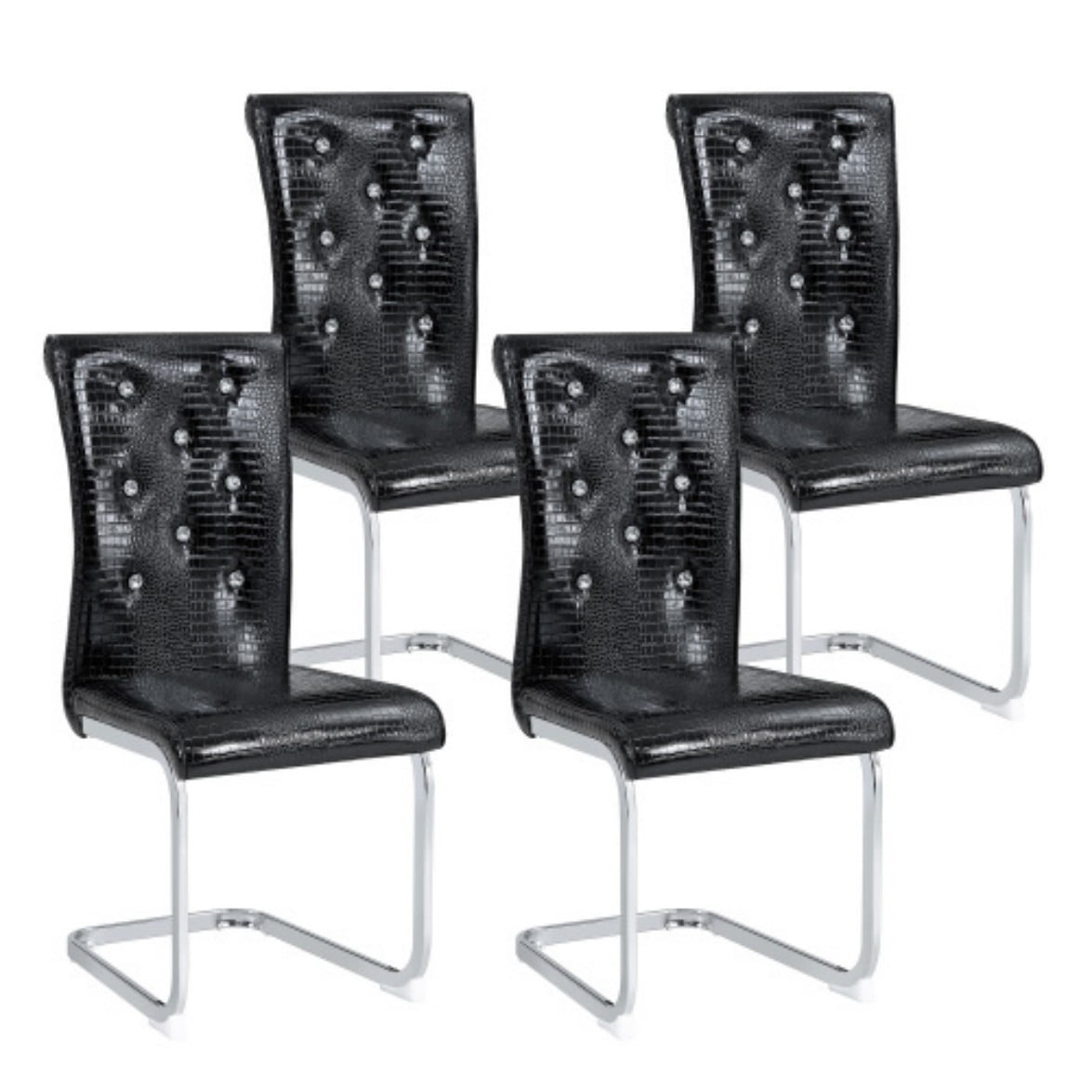 Set of 4 Retro Dining Chairs, Faux Alligator Leather Upholstered Chairs with Crystal Button Details & Electroplated Metal Legs, 400 LBS, Black & Silver