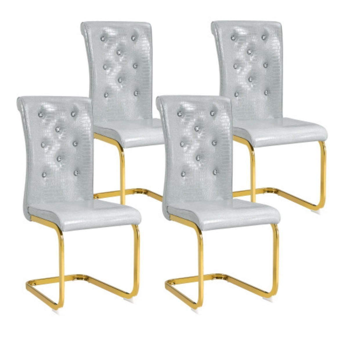 Set of 4 Retro Dining Chairs, Faux Alligator Leather Upholstered Chairs with Crystal Button Details & Gold-Plated Bent Metal Legs, 400 LBS, Gray & Gold